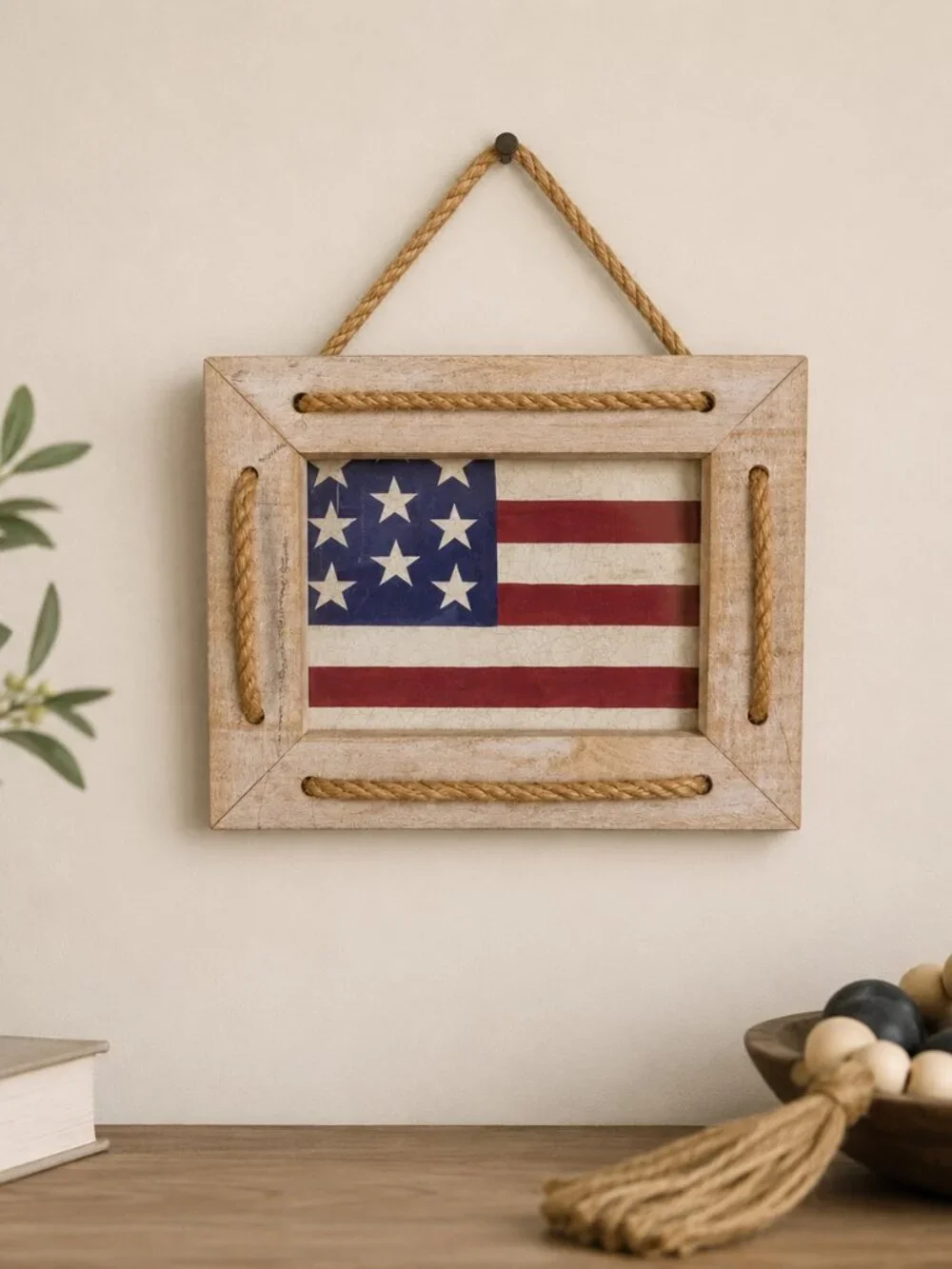 American Flag Wall Decor Rustic Rope Wooden Frame USA America250